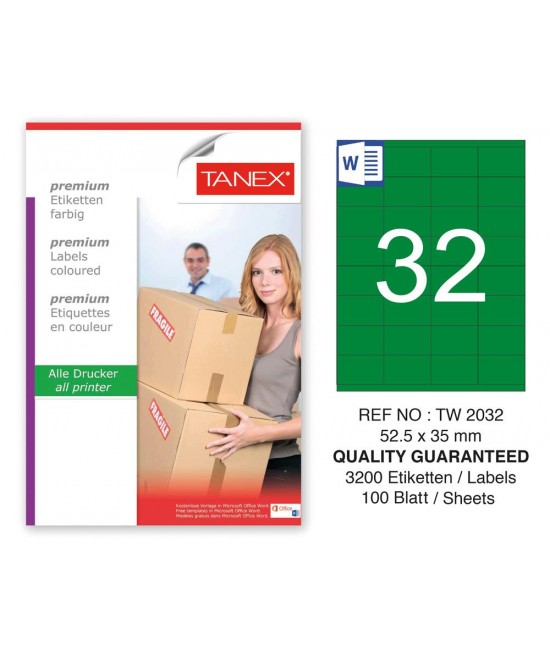 Tanex TW-2032 52,5x35mm Yeşil Pastel Laser Etiket 100 Lü 
