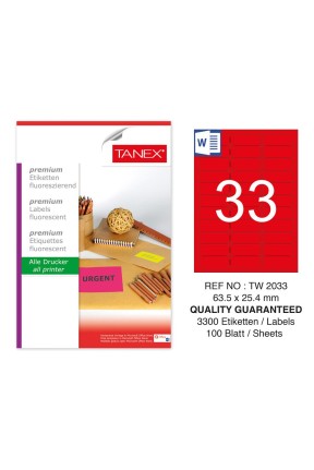 Tanex TW-2033 63,5x25,4 mm Kırmızı Floresan Laser Etiket 100 Lü 