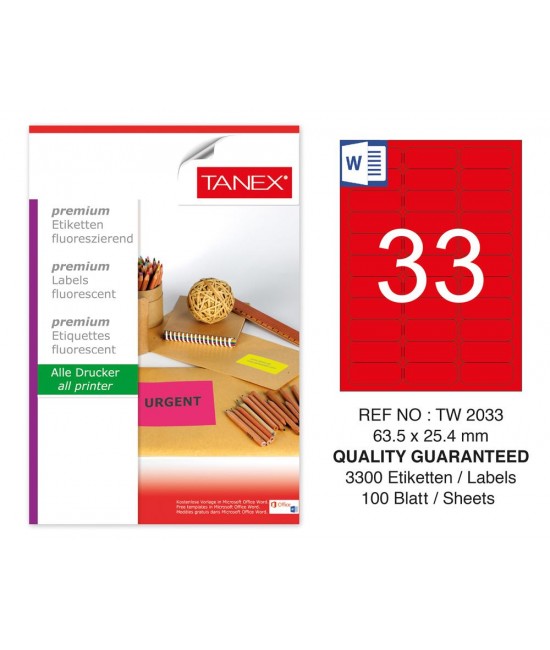 Tanex TW-2033 63.5x25.4 mm Red Fluorescent Laser Label 100 Pcs
