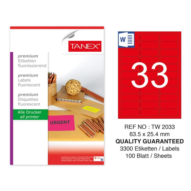 Tanex TW-2033 63,5x25,4 mm Kırmızı Floresan Laser Etiket 100 Lü