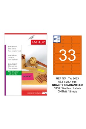 Tanex TW-2033 63,5x25,4 mm Turuncu Floresan Laser Etiket 100 Lü 