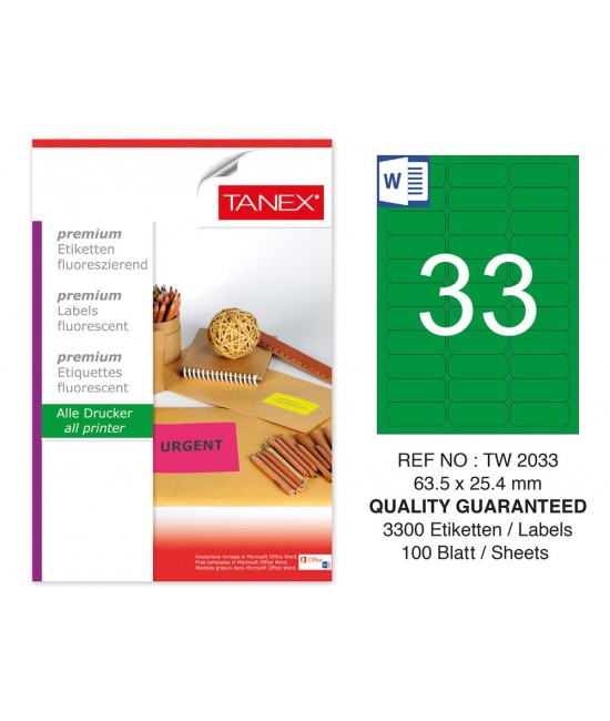 Tanex TW-2033 63.5x25.4 mm Green Fluorescent Laser Label 100 Pcs