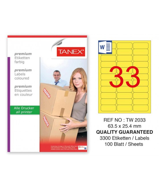 Tanex TW-2033 63,5x25,4mm Sarı Pastel Laser Etiket 100 Lü 