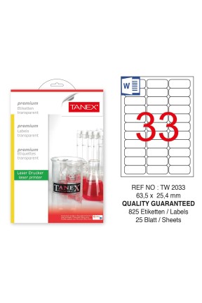 Tanex TW-2033 63.5x25.4mm Şeffaf Laser Etiket 825 Li