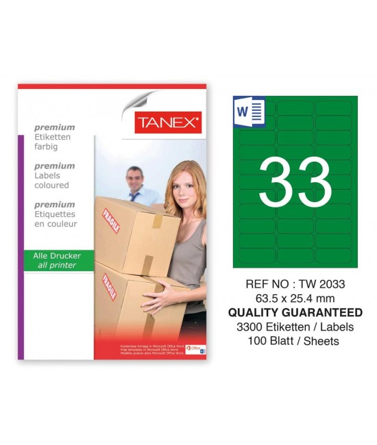 Tanex TW-2033 63,5x25,4mm Yeşil Pastel Laser Etiket 100 Lü 