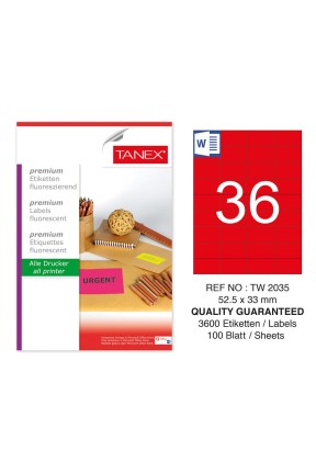 Tanex TW-2035 52,5x33 mm Kırmızı Floresan Laser Etiket 100 Lü 