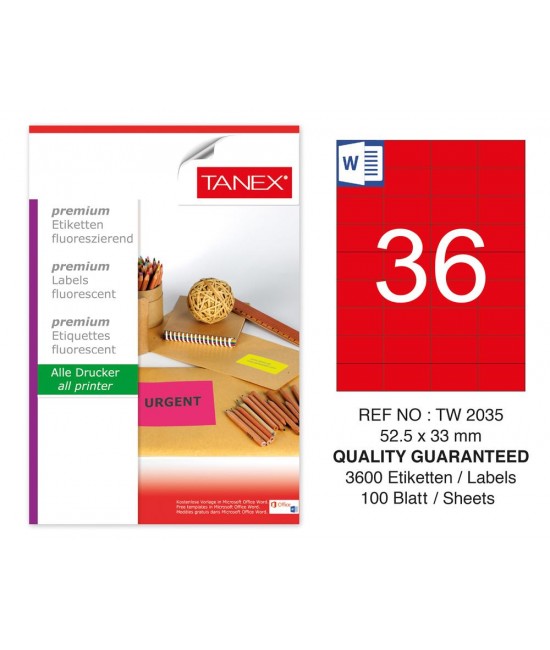 Tanex TW-2035 52,5x33 mm Red Fluorescent Laser Label 100 Pcs