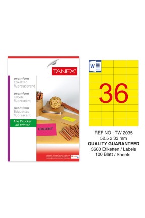 Tanex TW-2035 52,5x33 mm Sarı Floresan Laser Etiket 100 Lü 