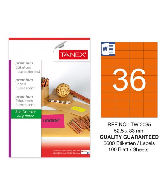 Tanex TW-2035 52,5x33 mm Orange Fluorescent Laser Label 100 Pcs