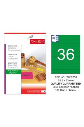 Tanex TW-2035 52,5x33 mm Yeşil Floresan Laser Etiket 100 Lü 