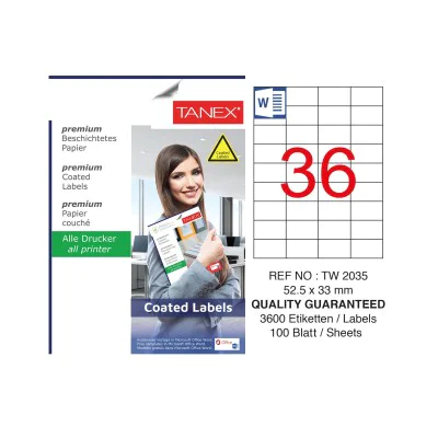 Tanex TW-2035 52.5x33mm Kuşe Laser Etiket 100 Lü Paket Tanex TW-2035 52.5x33mm Kuşe Laser Etiket 100 Lü Paket