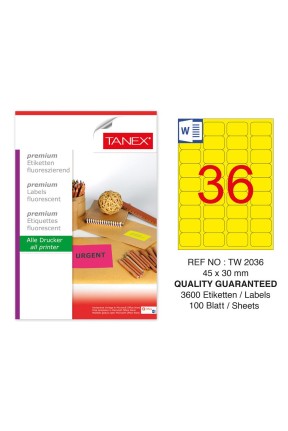 Tanex TW-2036 45x30 mm Sarı Floresan Laser Etiket 100 Lü 