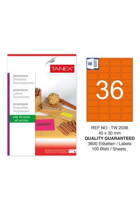 Tanex TW-2036 45x30 mm Turuncu Floresan Laser Etiket 100 Lü 