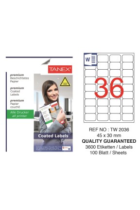 Tanex TW-2036 45x30mm Kuşe Laser Etiket 100 Lü Paket