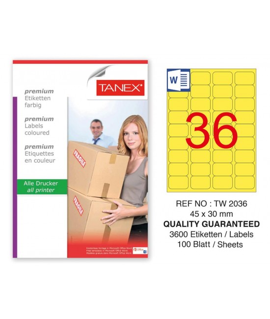 Tanex TW-2036 45x30mm Sarı Pastel Laser Etiket 100 Lü