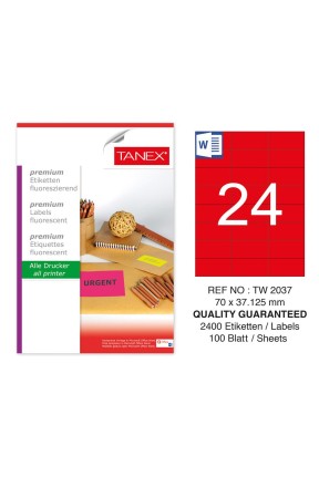 Tanex TW-2037 70x37,125 mm Kırmızı Floresan Laser Etiket 100 Lü 