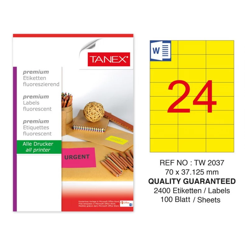 Tanex TW-2037 70x37,125 mm Sarı Floresan Laser Etiket 100 Lü