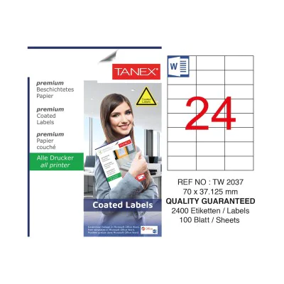 Tanex TW-2037 70x37.125mm Kuşe Laser Etiket 100 Lü Paket Tanex TW-2037 70x37.125mm Kuşe Laser Etiket 100 Lü Paket