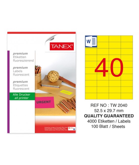 Tanex TW-2040 52,5x29,7 mm Sarı Floresan Laser Etiket 100 Lü 
