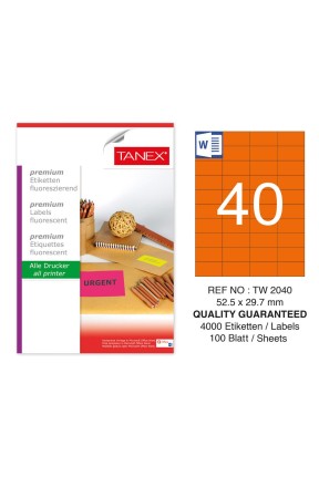 Tanex TW-2040 52,5x29,7 mm Turuncu Floresan Laser Etiket 100 Lü 
