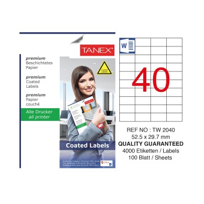 Tanex TW-2040 52.5x29.7mm Kuşe Laser Etiket 100 Lü Paket Tanex TW-2040 52.5x29.7mm Kuşe Laser Etiket 100 Lü Paket