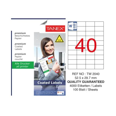 Tanex TW-2040 52.5x29.7mm Kuşe Laser Etiket 100 Lü Paket Tanex TW-2040 52.5x29.7mm Kuşe Laser Etiket 100 Lü Paket