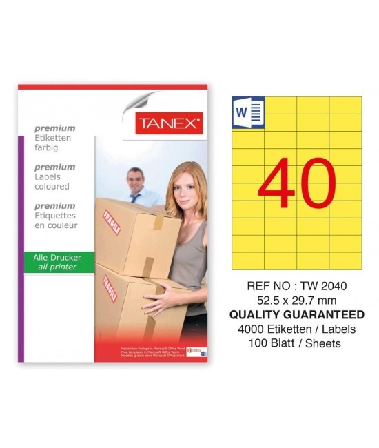 Tanex TW-2040 52,5x29,7mm Sarı Pastel Laser Etiket 100 Lü Paket