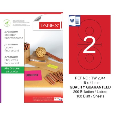 Tanex TW-2041 118x41 mm Kırmızı Floresan Laser Etiket 100 Lü