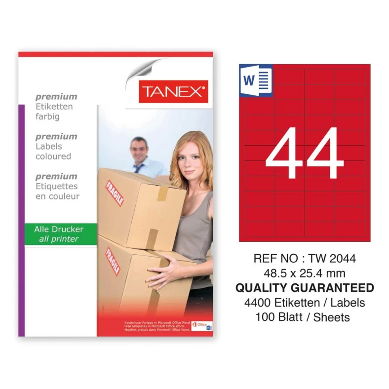 Tanex TW-2044 48,5x25,4mm Kırmızı Pastel Laser Etiket 100 Lü