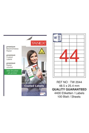 Tanex TW-2044 48.5x25.4mm Kuşe Laser Etiket 100 Lü Paket