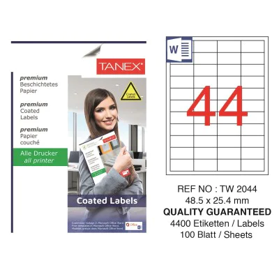 Tanex TW-2044 48.5x25.4mm Kuşe Laser Etiket 100 Lü Paket Tanex TW-2044 48.5x25.4mm Kuşe Laser Etiket 100 Lü Paket
