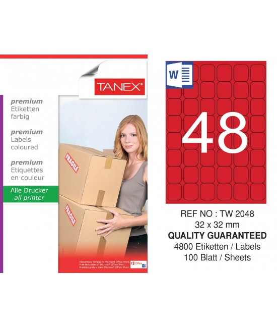 Tanex TW-2048 32x32mm Red Pastel Laser Label 100 Pcs