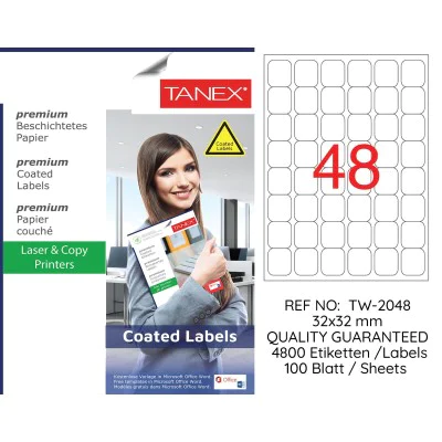 Tanex TW-2048 32x32mm Kuşe Lazer Etiket 100 Lü Paket Tanex TW-2048 32x32mm Kuşe Lazer Etiket 100 Lü Paket