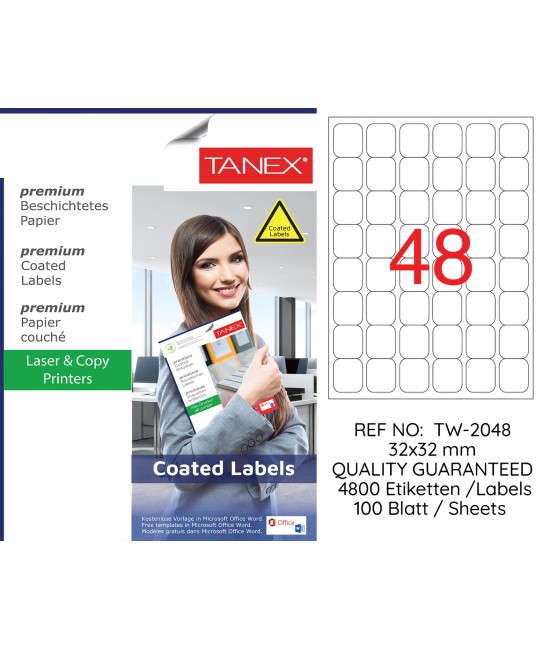 Tanex TW-2048 32x32mm Kuşe Lazer Etiket 100 Lü Paket
