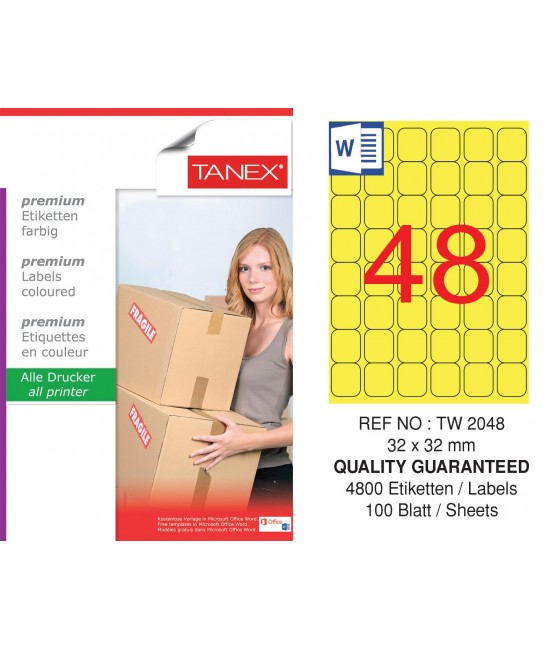 Tanex TW-2048 32x32mm Yellow Pastel Laser Label Pack of 100