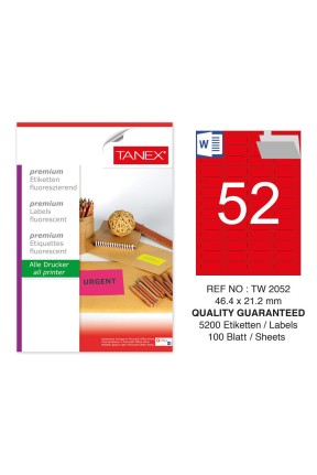 Tanex TW-2052 46,4x21,2 mm Kırmızı Floresan Laser Etiket 100 Lü 
