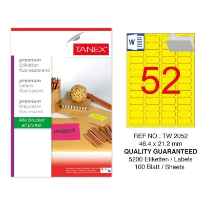 Tanex TW-2052 46,4x21,2 mm Sarı Floresan Laser Etiket 100 Lü