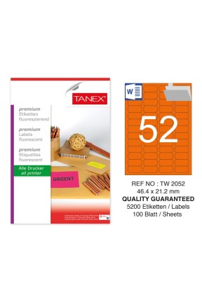 Tanex TW-2052 46,4x21,2 mm Turuncu Floresan Laser Etiket 100 Lü 