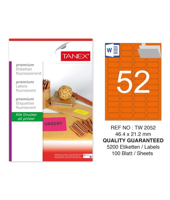 Tanex TW-2052 46.4x21.2 mm Orange Fluorescent Laser Label 100 Pcs