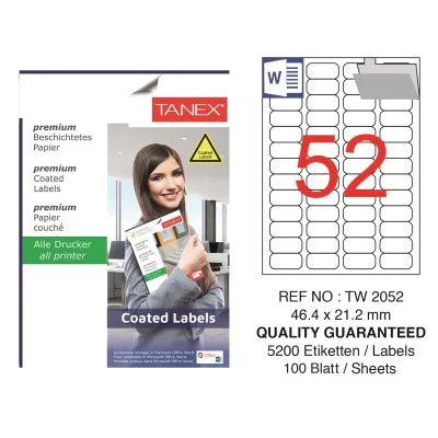 Tanex TW-2052 46.4x21.2mm Kuşe Laser Etiket 100 Lü Paket Tanex TW-2052 46.4x21.2mm Kuşe Laser Etiket 100 Lü Paket