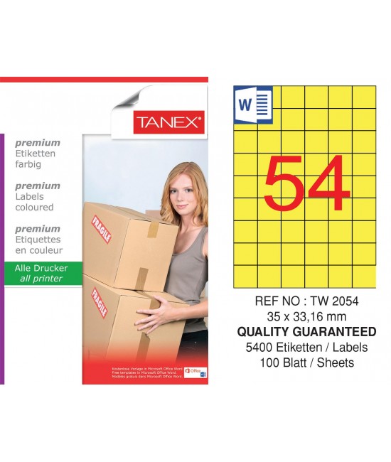 Tanex TW-2054 35x33,16mm Yellow Pastel Laser Label Pack of 100