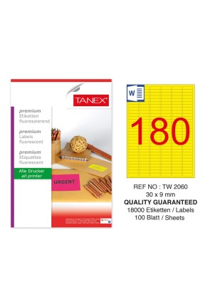 Tanex TW-2060 30x9 mm Sarı Floresan Laser Etiket 100 Lü 