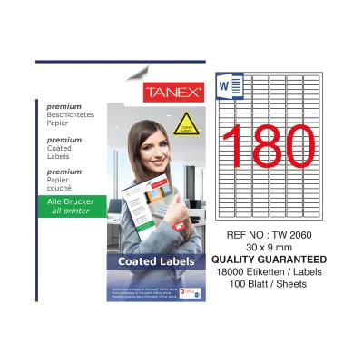 Tanex TW-2060 30x9mm Kuşe Laser Etiket 100 Lü Paket Tanex TW-2060 30x9mm Kuşe Laser Etiket 100 Lü Paket