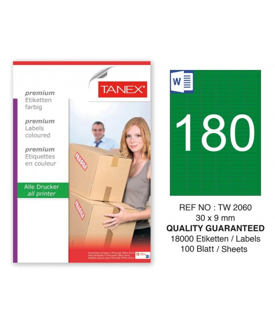 Tanex TW-2060 30x9mm Yeşil Pastel Laser Etiket 100 Lü 