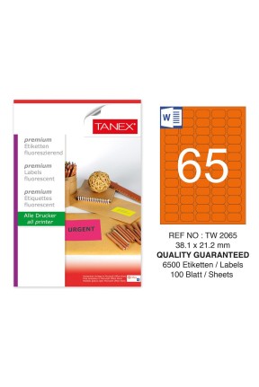 Tanex TW-2065 38,01x21,2 mm Turuncu Floresan Laser Etiket 100 Lü 