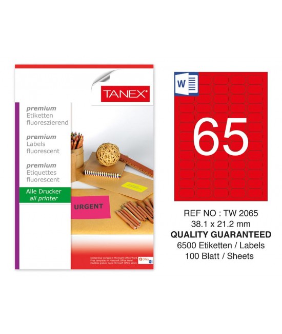 Tanex TW-2065 38.1x21.2 mm Red Fluorescent Laser Label 100 Pcs