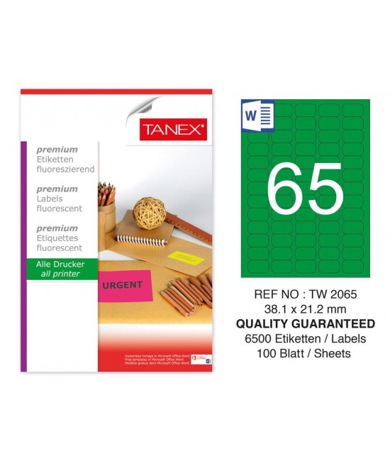 Tanex TW-2065 38.1x21.2 mm Green Fluorescent Laser Label 100 Pcs