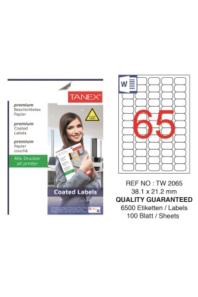 Tanex TW-2065 38.1x21.2mm Kuşe Laser Etiket 100 Lü Paket