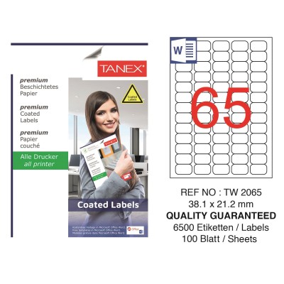 Tanex TW-2065 38.1x21.2mm Kuşe Laser Etiket 100 Lü Paket Tanex TW-2065 38.1x21.2mm Kuşe Laser Etiket 100 Lü Paket