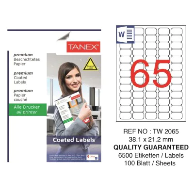 Tanex TW-2065 38.1x21.2mm Kuşe Laser Etiket 100 Lü Paket Tanex TW-2065 38.1x21.2mm Kuşe Laser Etiket 100 Lü Paket